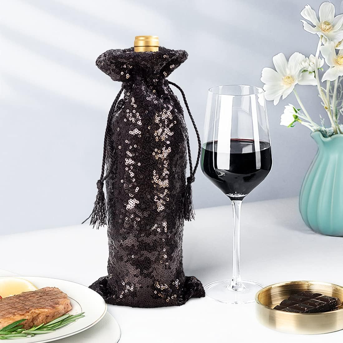 4ピース スパンコール ワインギフトバッグ 旅行 結婚式 誕生日 新築祝い ディナーパーティー用 14イン..