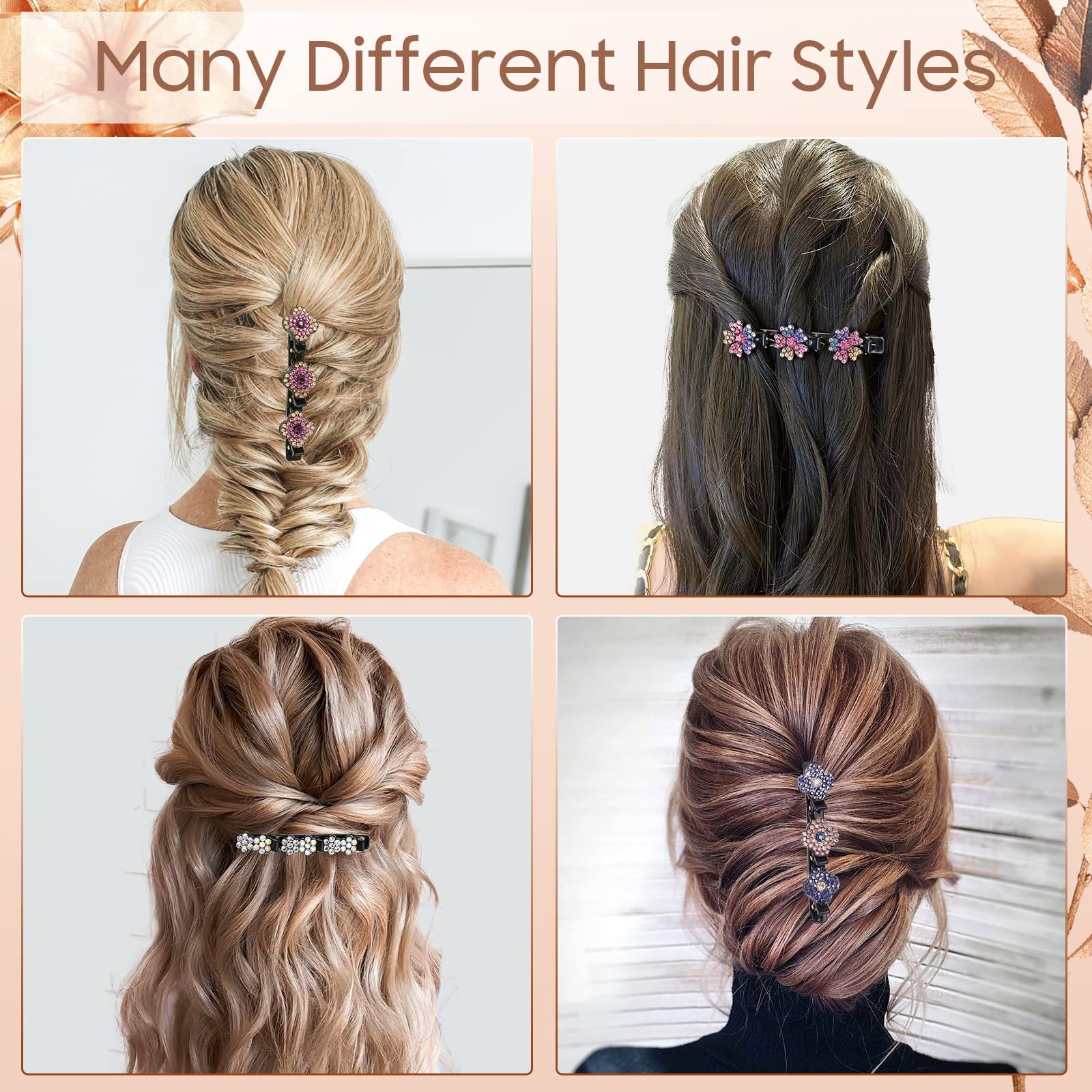 女性用編組ヘアクリップ - 輝くクリスタルストーンヘアクリップ スタイリングセクション用 3つの小さな..