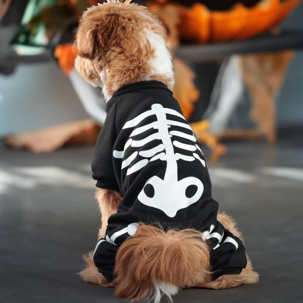 犬 服 パジャマ 暗闇で光るスケルトン 犬猫用 ハロウィン コスチューム 仮装 犬の服 ハロウィン ロンパース 夜光スケルトンジャンプスーツ 着脱簡単 伸縮性 ドッグウェア 撮影写真 犬ペットコスプレ用(3)