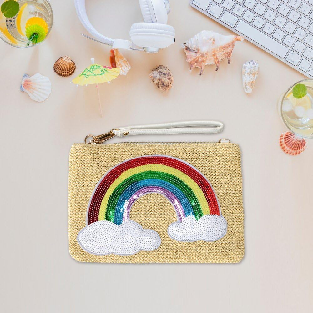 虹柄 財布 わら クラッチバッグ クラッチ財布 ビーチバッグ ジッパー ウォレット ボヘミアン バッグ 財..