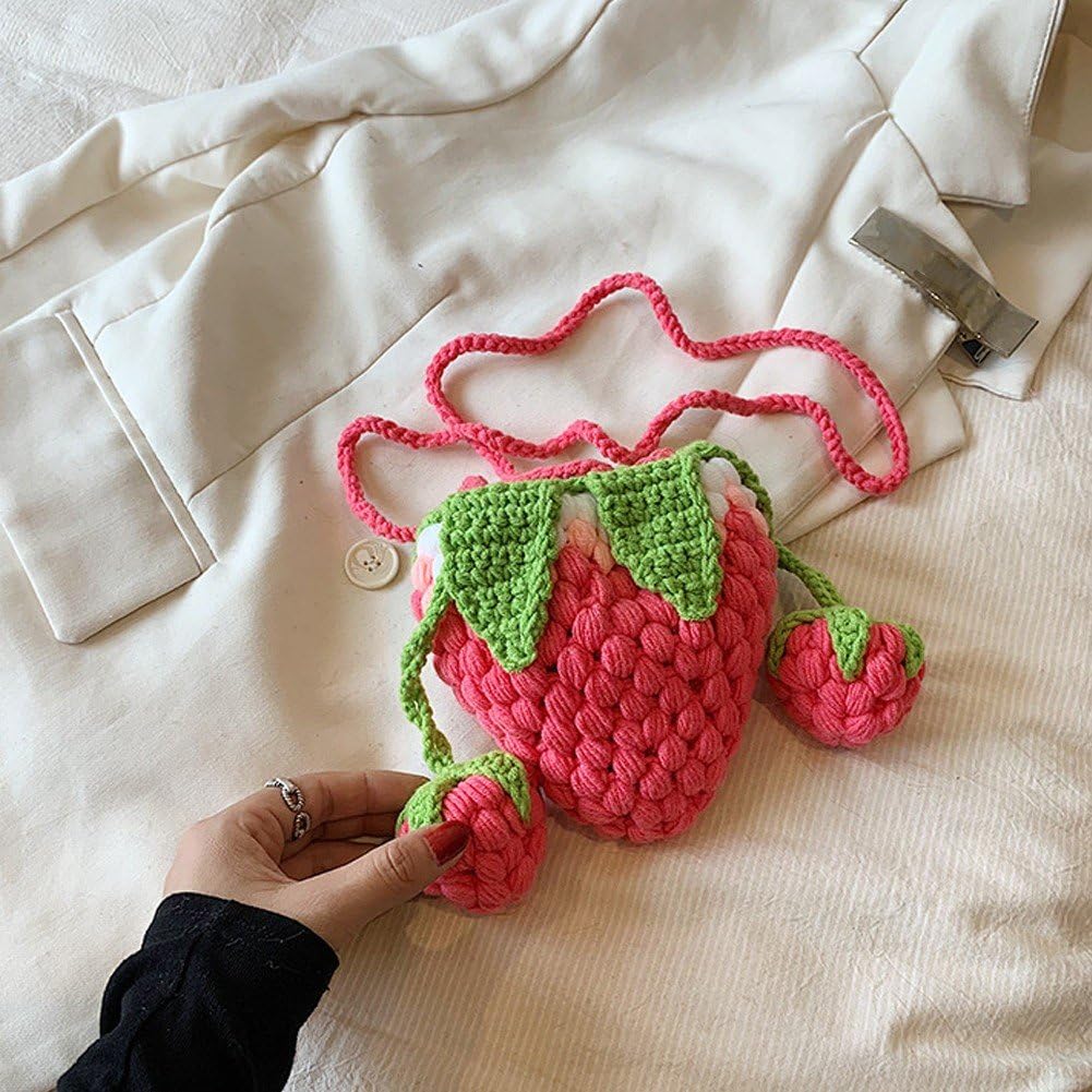 [] かわいい イチゴ 斜めがけバッグ 編みバッグ 手作り ファッション 綿ロープ クロスボディバッグ ニット 財布 女性
