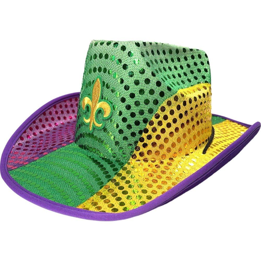 [] ハット スパンコール パープル グリーン ゴールド マルディグラ カウボーイハット マルディグラ ド..