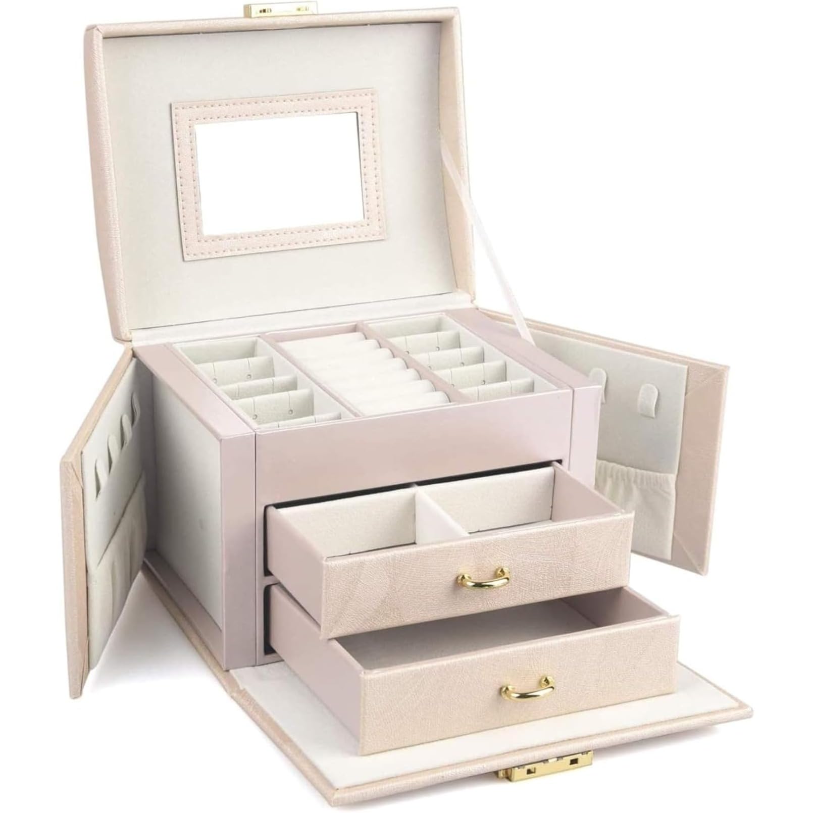 ジュエリーボックス 携帯用 大容量 ミラー付き アクセサリー ケース ジュエリー収納 鍵付き宝石箱 鏡付..