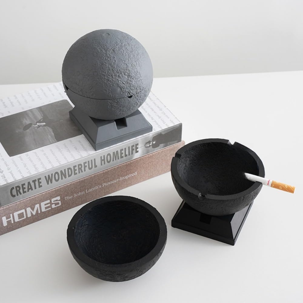 家庭用 リビングルーム灰皿 蓋付き飛散防止 北欧風月型デザイン デスクトップ装飾品 オフィス/ベランダ兼用 (グレー)