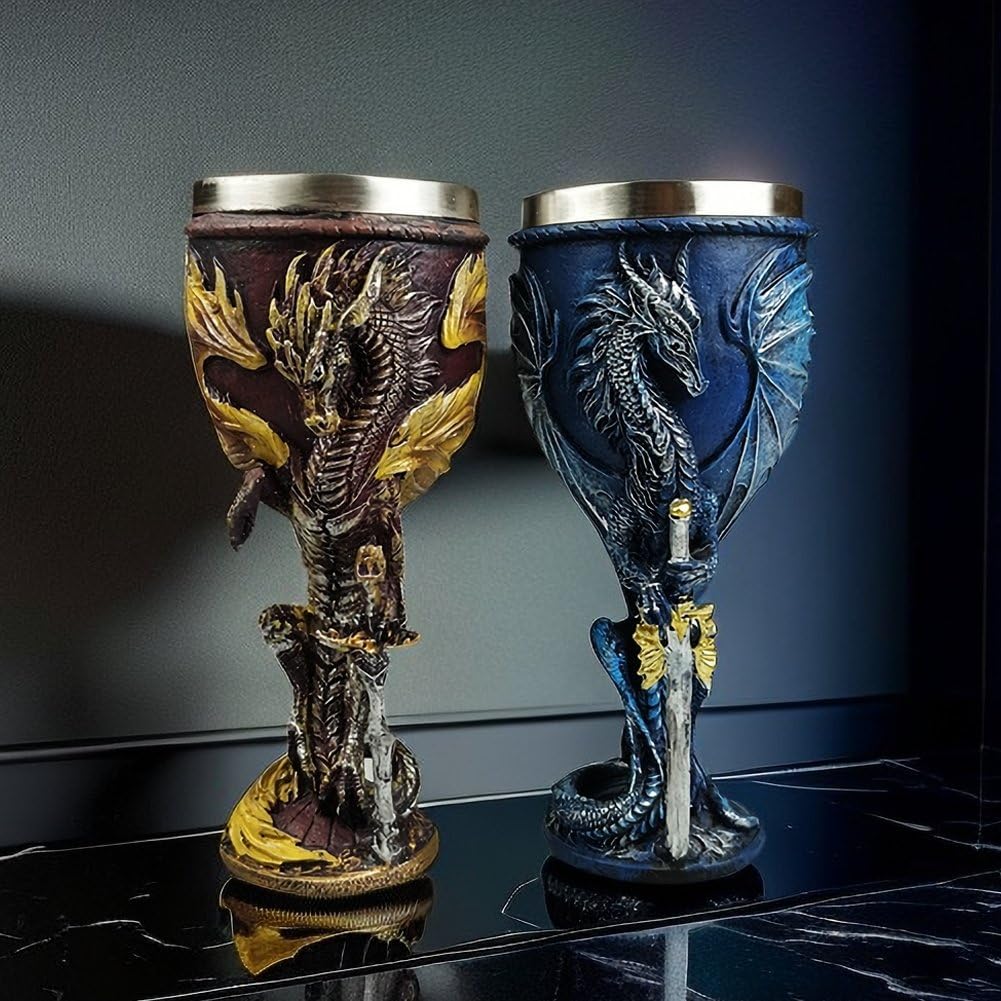 中世ブルードラゴン ソードを持つゴブレット 樹脂製ワインカップ ステンレスライニング付き 手描きユニークカップ 父の日ギフト(3)