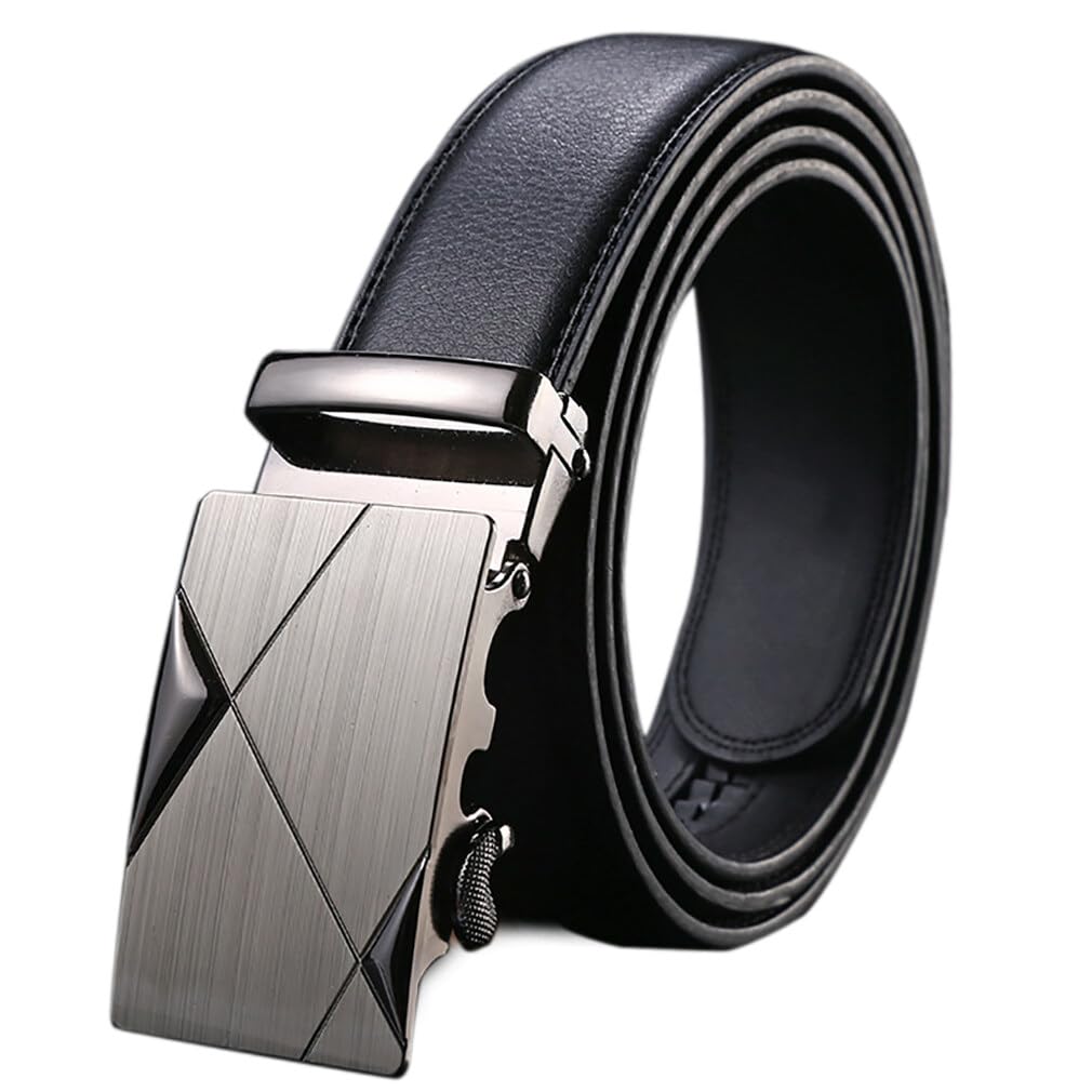 メンズベルト Puレザーラチェットドレスベルト 自動バックル付き カジュアルブラックウエストベルト ウ..