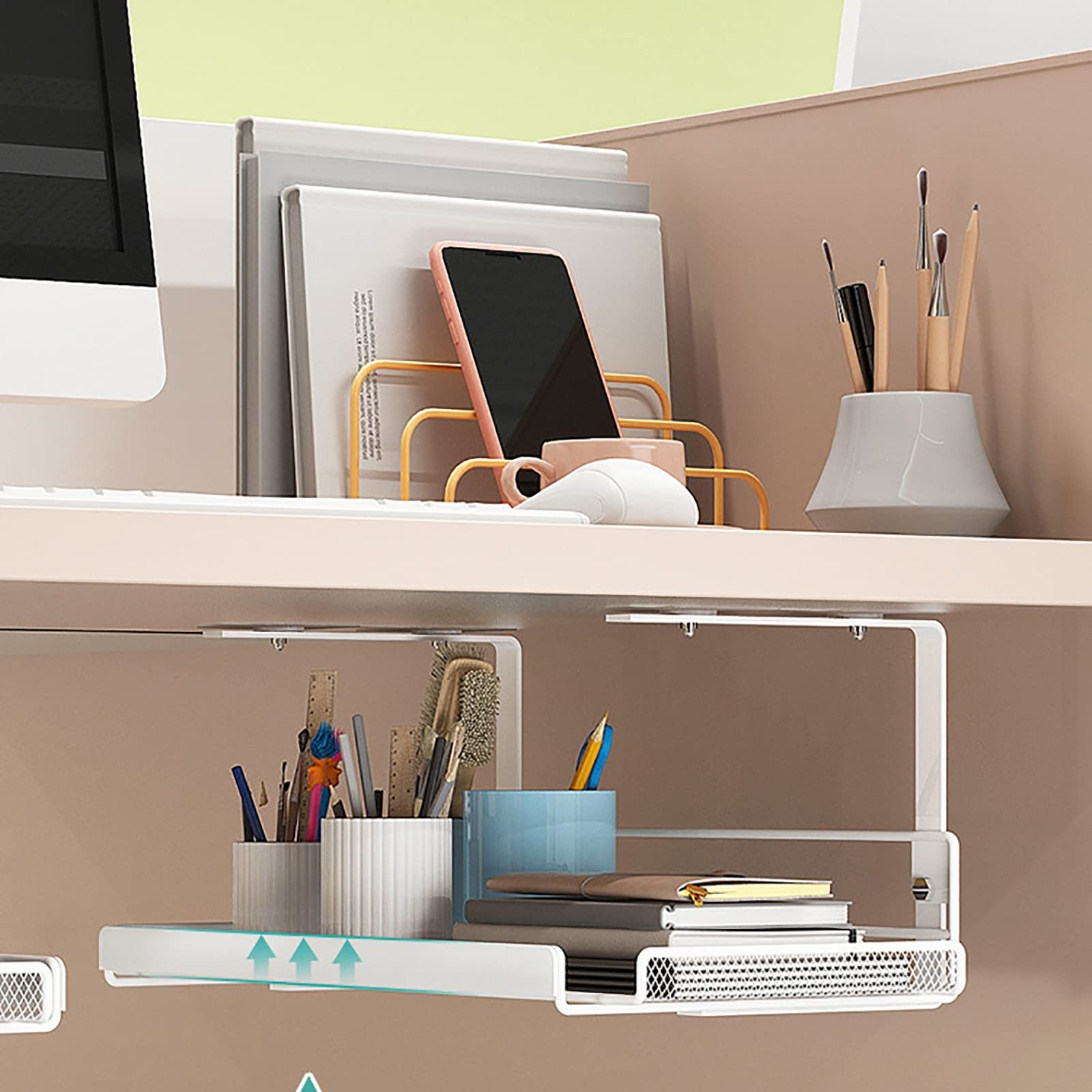 ケーブルトレー デスク下引き出し 隠しオフィス収納棚 ワークステーション デスク下オーガナイザー(Whi..