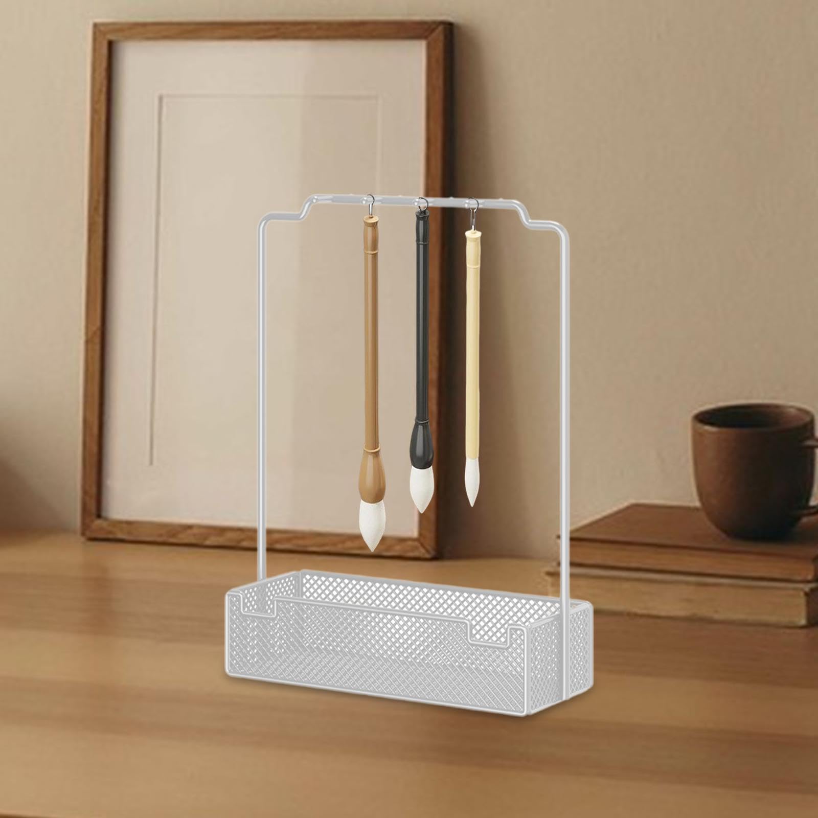 中国書道筆ハンガー棚 多目的収納 乾燥・ディスプレイ 筆ホルダースタンドラック バレンタインギフト ホーム, 白