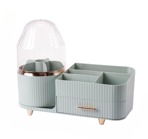 回転カバー化粧品収納ボックス 大容量デスクトップ収納 引き出しとコンパートメント付き収納ボックス 防塵 メイク道具やスキンケア製品の整理に 北欧デザイン (ライトグリーン)