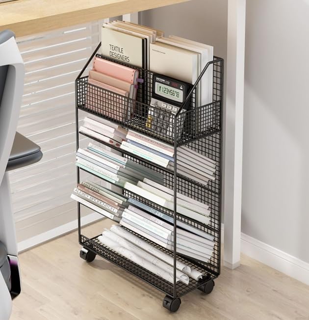 モバイル本棚 ファイルラック 金属製 ファイルワゴン 5段大容量収納ラック 多機能キャスター付き 移動..