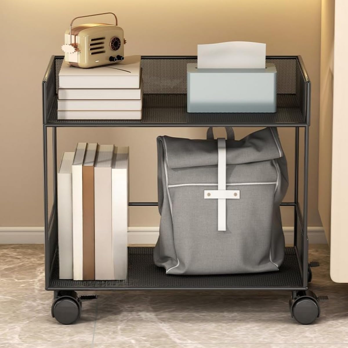 2層デスクトップ収納キャスター付きカートデスク下パソコンデスク下収納ラックオフィス用サイドテーブ..