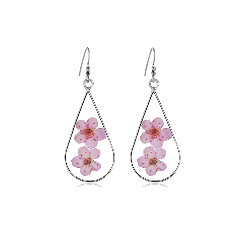 プレスフラワーティアドロップイヤリング、ナチュラルドライフラワードロップダングルフックイヤリングファッションジュエリー 女性用