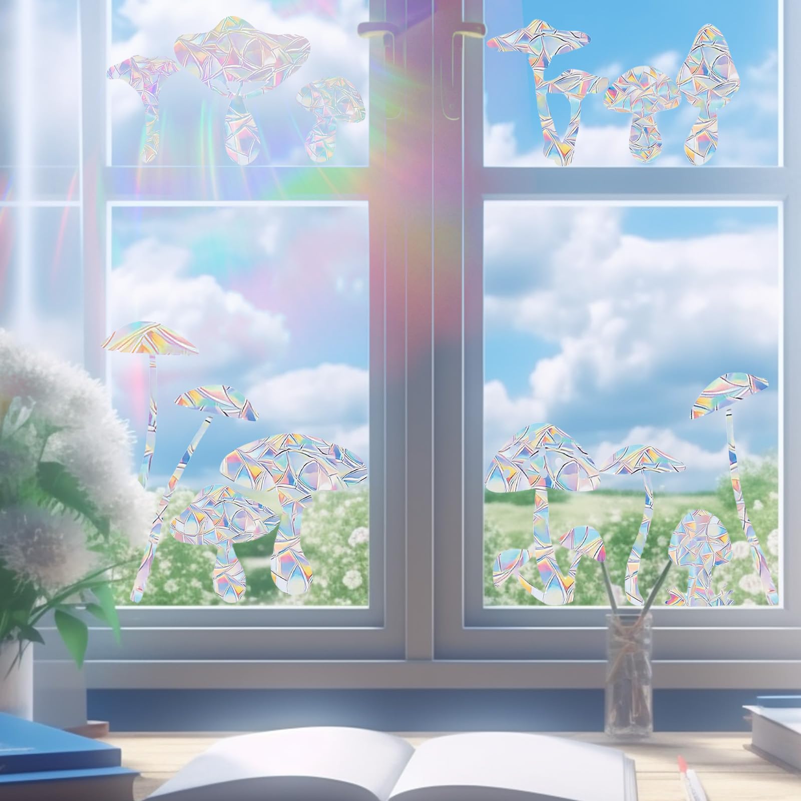 45枚 キノコ サンキャッチャーステッカー ガラス窓用 衝突防止 ウィンドウデカール バードストライク用 非粘着プリズムウィンドウ ステッカー レインボー ウィンドウステッカー (マッシュルーム A)