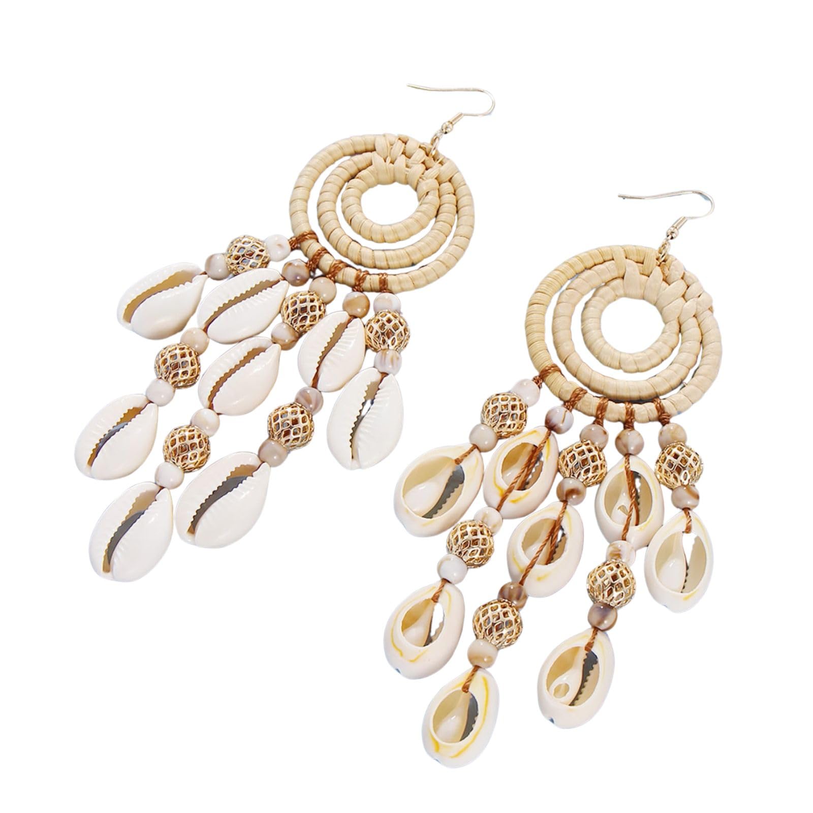 ボヘミアンビーチバケーションシェルビーズラタンイヤリング1組, 銅, 宝石なし