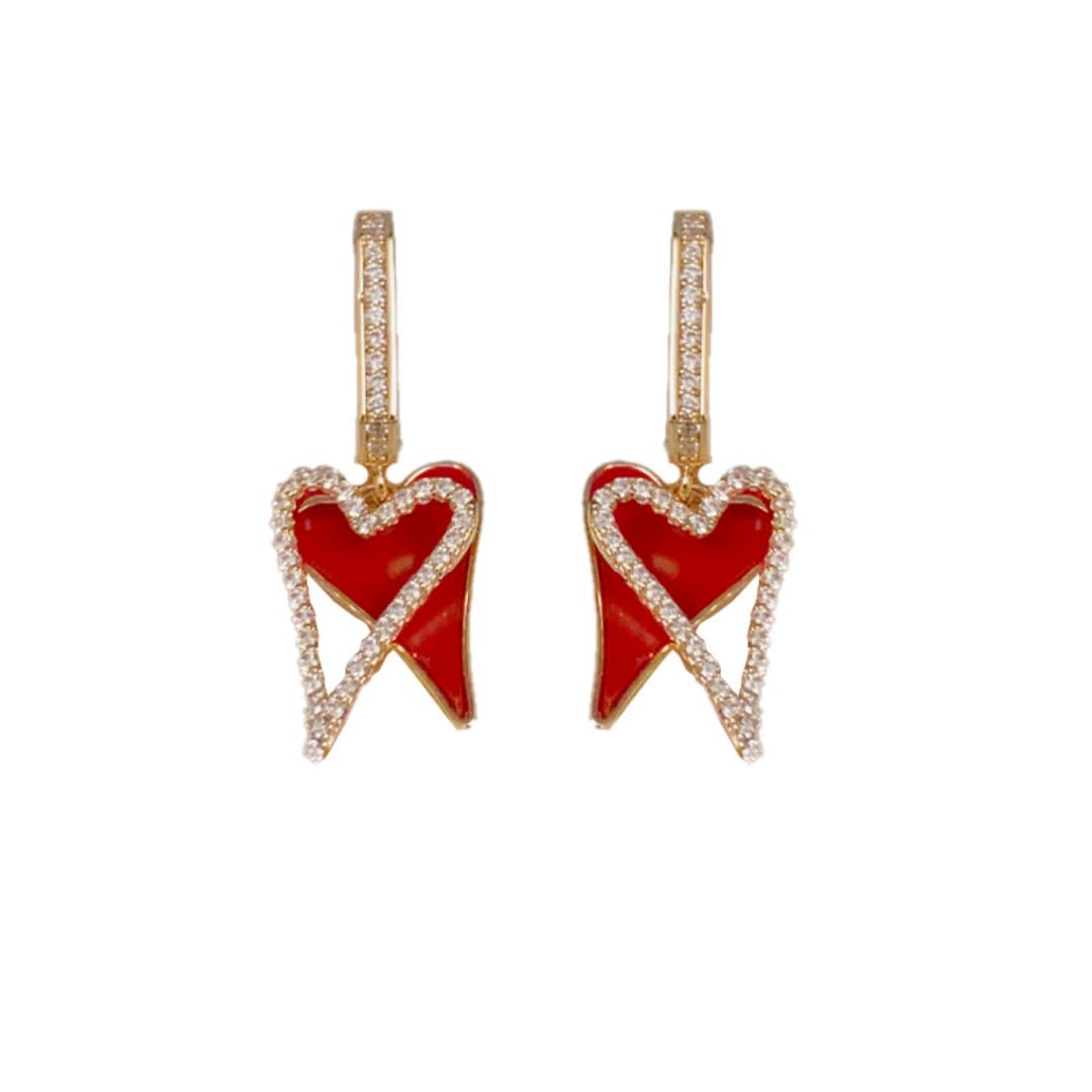 テンペラメントファッションレッドジルコンラブイヤリングデザインセンスニッチイヤリング1組。, 銅, 宝石なし(3)