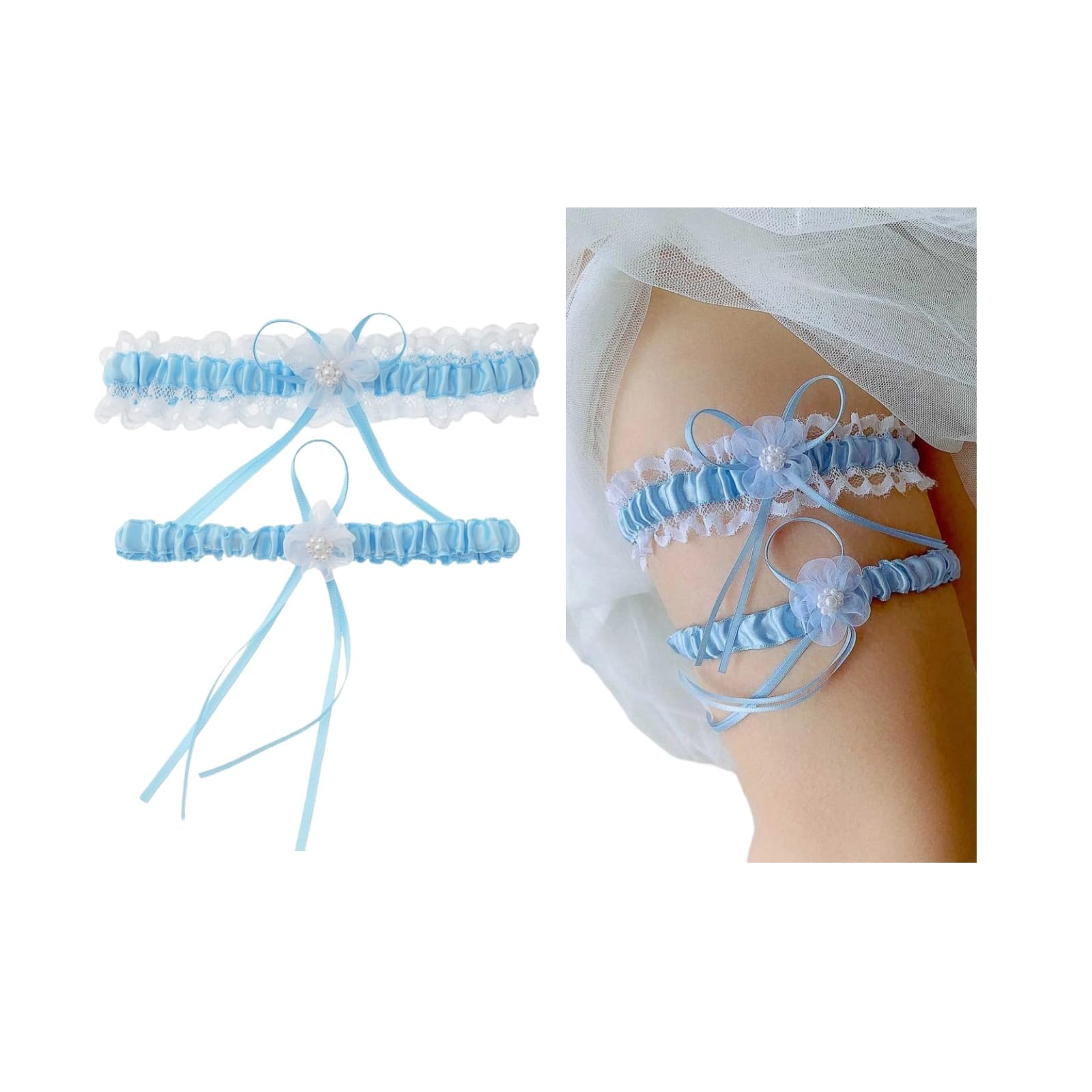 ブルーレースウェディングガーターフローラルレースレッグバンド、サムシングブルーブライダルアクセサ..