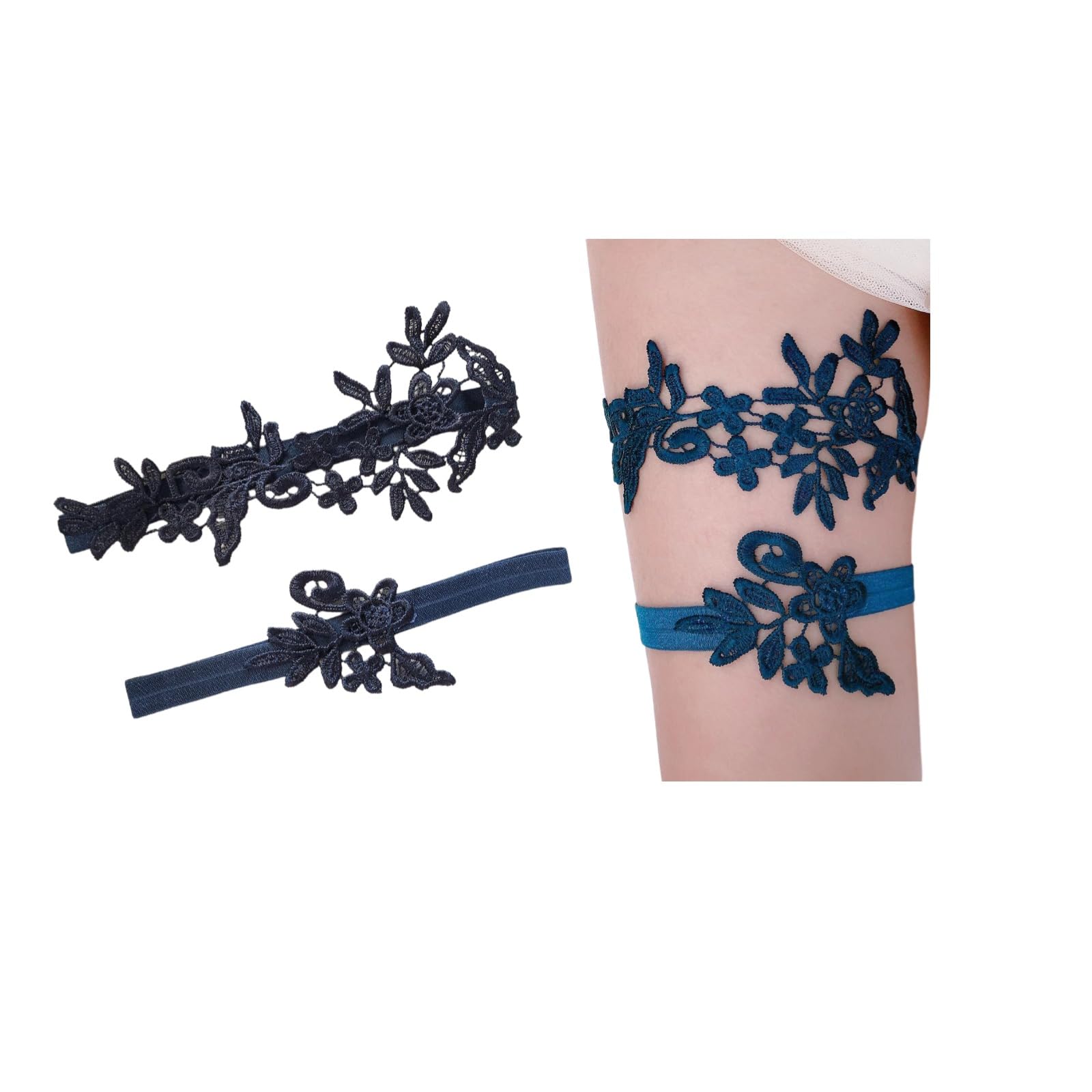 ブルーレースウェディングガーターレッグバンド、クラシックな花柄ブライダルアクセサリー豪華なサテン..