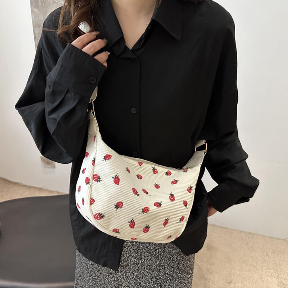 [] かわいい イチゴ柄 クロスボディバッグ 斜めがけバッグ コーデュロイ メッセンジャーバッグ カジュアル ジッパー 旅行 仕事 女性 女の子 ピンク
