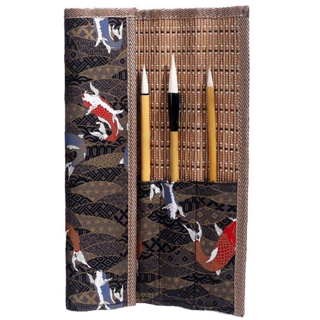 鯉柄 竹製 筆巻き ローリングバッグ 書道ペンケース 絵筆 ポータブル 絵筆ホルダー ペンケース