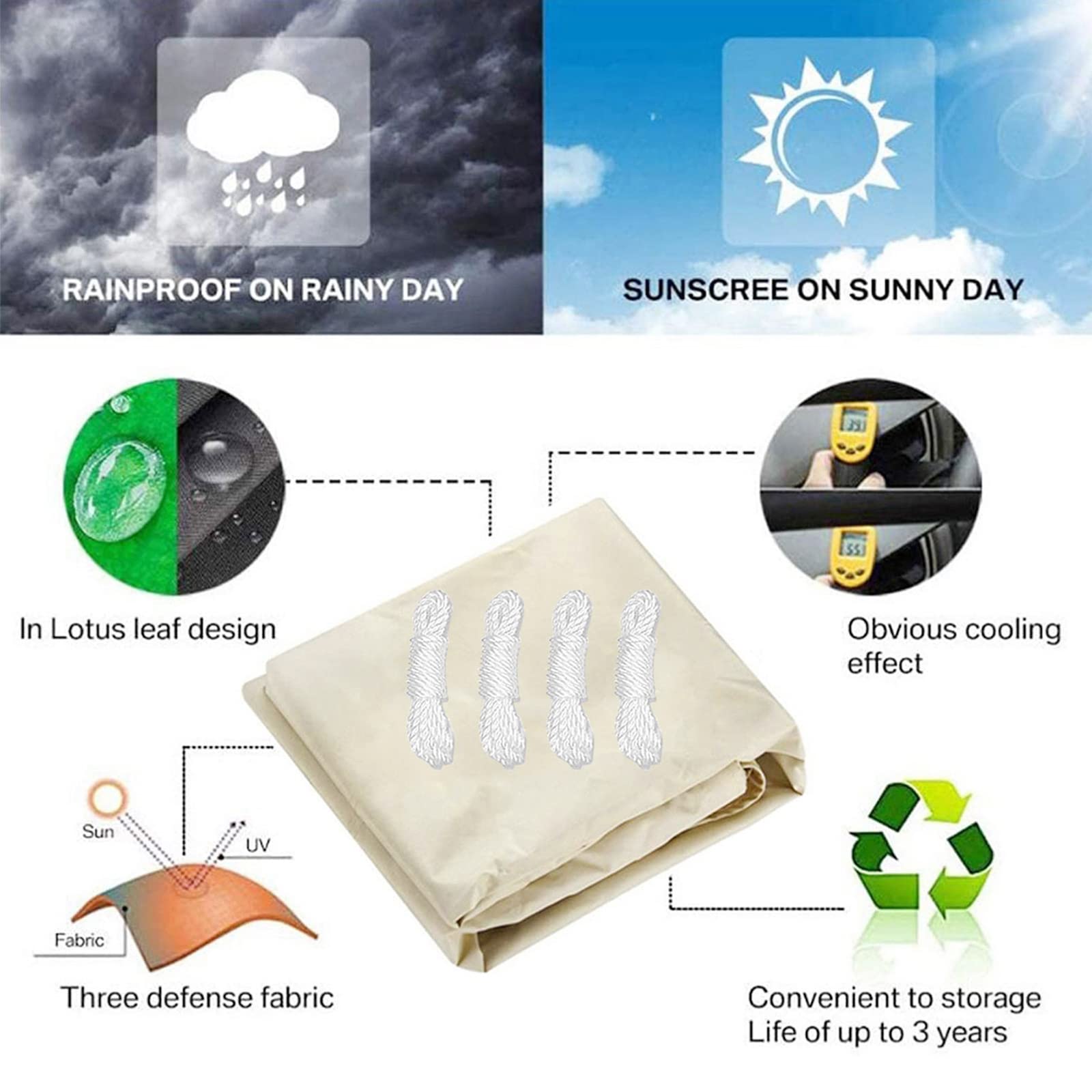 シェードセイル 日除けシェード 遮光ネット 長方形 防水 庭 ンシェードセイル 95％UVカットサンシェード ポリエステル日よけ布 オーニング ベランダ 廊下 庭下クールシェード 目隠し 2x3m 4x5m 5x6m、ベージュ(Size:2X2.5M/7'X8')