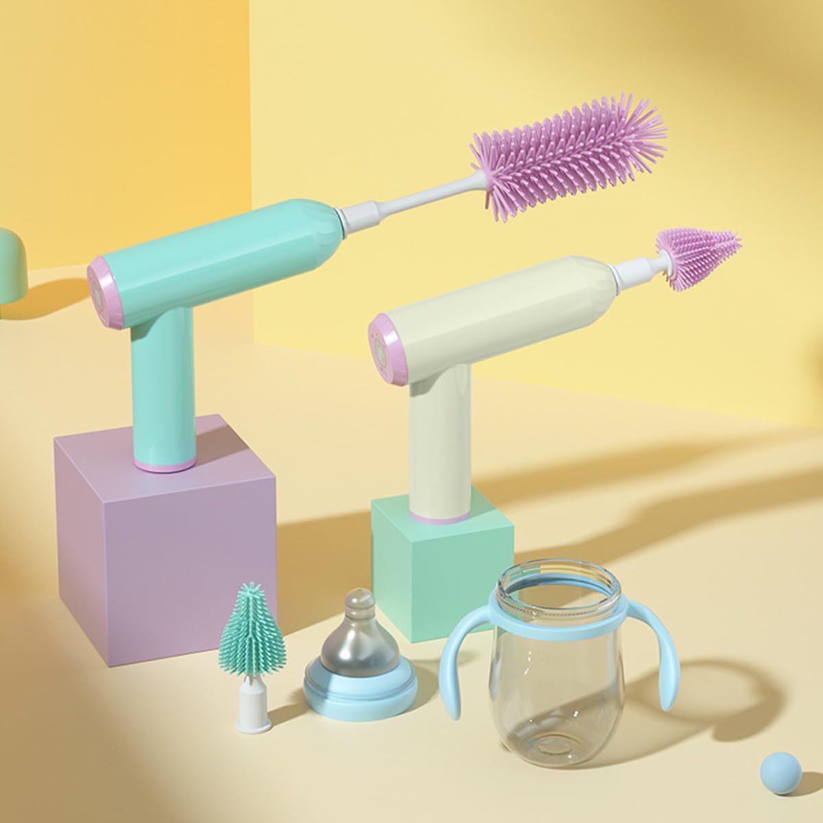 電動哺乳瓶ブラシ ワンタッチ 自動洗浄 楽々哺乳びん洗い ママ用出産祝い 手首の負担軽減 時短 奥まで..