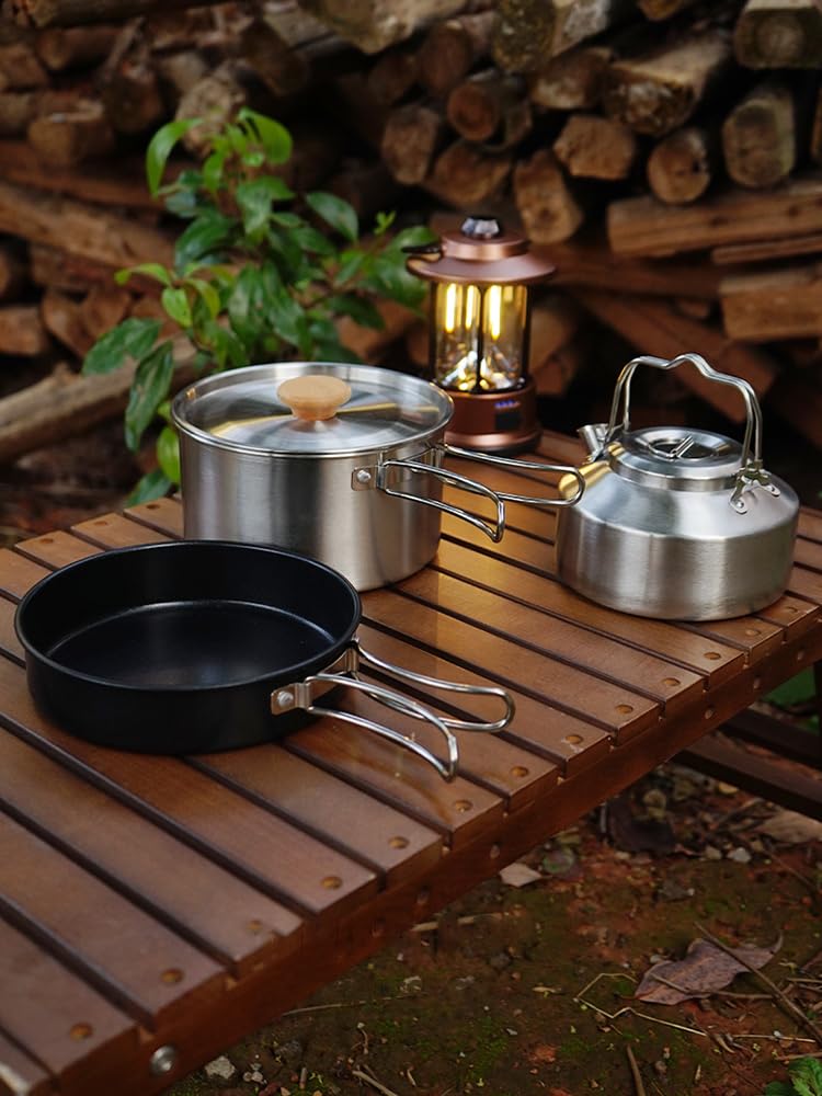 クッカーセット キャンプ調理器具 4調理器具セット 屋外 ステンレス鍋＆フライパン 焦げ付き防止 鍋 ケ..