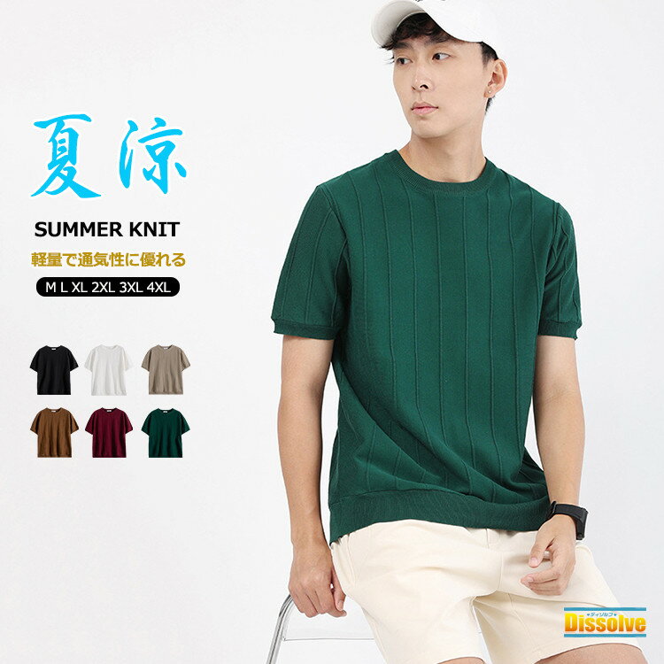 Rakuten - 無地Tシャツ サマーニット Tシャツ メンズ 半袖 接触冷感 ティーシャツ 薄手ニット トップス 夏 サマー ニットソー 半袖Tシャツ クルーネック 伸縮性 メンズTシャツ 通勤 ゴルフウェア シンプル 涼しいTシャツ 通気性
