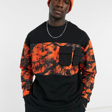 エイソス ASOS asos ASOS DESIGNトールコーディネイトオーバーサイズスウェットシャツ、リバースフリーシーオレンジパネル、グラフィック&ナイロンポケット付き トップス メンズ 男性 インポートブランド 小さいサイズから大きいサイズまで