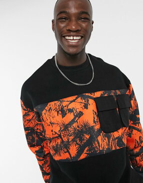 エイソス ASOS asos ASOS DESIGNトールコーディネイトオーバーサイズスウェットシャツ、リバースフリーシーオレンジパネル、グラフィック&ナイロンポケット付き トップス メンズ 男性 インポートブランド 小さいサイズから大きいサイズまで