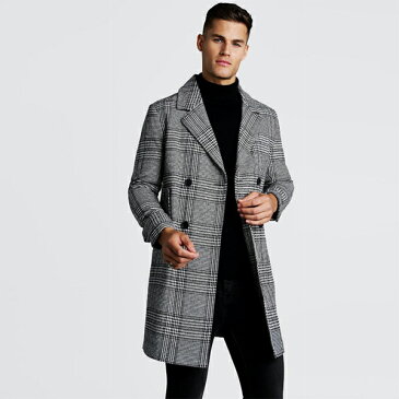 boohoo(ブーフー)メンズ ロング丈 ダブルブレスト ウールミックス オーバーコート チェック柄 インポート 大きいサイズ 20代 30代 40代 カジュアル トレンド 流行 アウトフィット ブランド セットアップ ジャージ