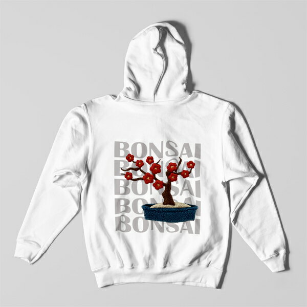 盆栽 梅　もこもこ　ぷくぷく 和柄　ワッペン刺繍 3D刺繍 パーカー プルオーバー フードパーカー フー..