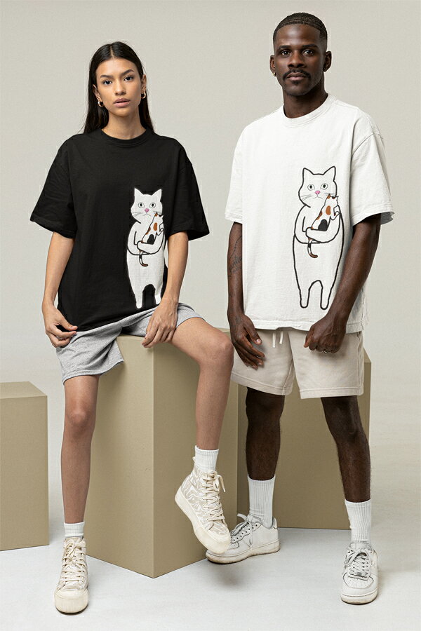 ねこT ネコ プリントT Tシャツ ブラック ホワイト 半袖 T-shirts コットンシャツ 黒 男性 オシャレ 40代 30代 ストリート ビッグシルエット メンズ tシャツ 無料名前入れ刺繍 プレゼント フェス　DIVAオリジナル ブランド