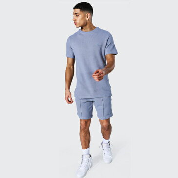boohoo(ブーフー) スリムフィット マン ピケティー&ピンタックショートセット トラックスーツ セットアップ 上下 スウェット インポートブランド ランニング ジム スポーツ 小さいサイズ 大きいサイズあり メンズ ファッション フィットネス