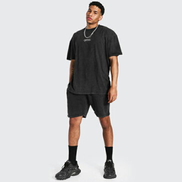 boohoo(ブーフー) 特大 Offclアシッドウォッシュ Tシャツ&ショートセット トラックスーツ セットアップ 上下 スウェット インポートブランド ランニング ジム スポーツ 小さいサイズ 大きいサイズあり メンズ ファッション フィットネス
