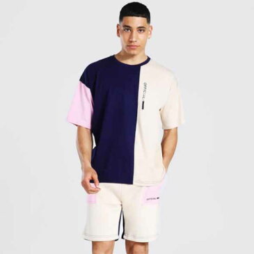 boohoo(ブーフー) バイカラー Tシャツ ショートパンツセット シャツ トップ パンツ セットアップ 2ピース 上下 ブランド トラックスーツ スウェット インポートブランド ランニング ジム スポーツ 小さいサイズ 大きいサイズあり メンズ ファッション