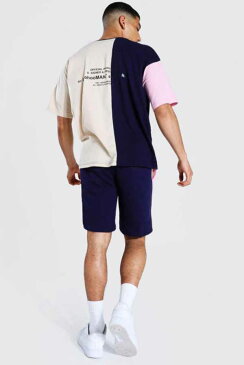 boohoo(ブーフー) バイカラー Tシャツ ショートパンツセット シャツ トップ パンツ セットアップ 2ピース 上下 ブランド トラックスーツ スウェット インポートブランド ランニング ジム スポーツ 小さいサイズ 大きいサイズあり メンズ ファッション