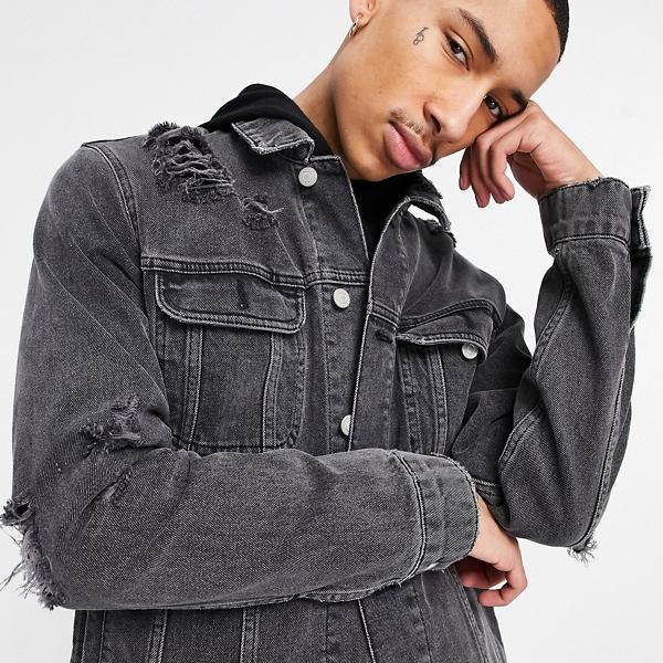 エイソス ASOS asos ASOS DESIGNデニムジャケット、ウォッシュドブラック、リップス付き アウター メンズ 男性 インポートブランド 小さいサイズから大きいサイズまで