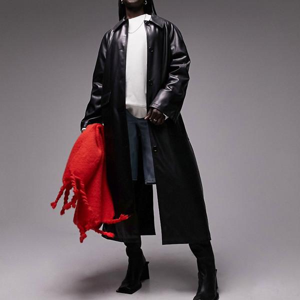トップショップ Topshop TOPSHOP トップショップ ロングライン フェイク レザー コート、パッチ ポケット付き、ブラック アウター レディース 女性 インポートブランド 小さいサイズから大きいサイズまでのサムネイル