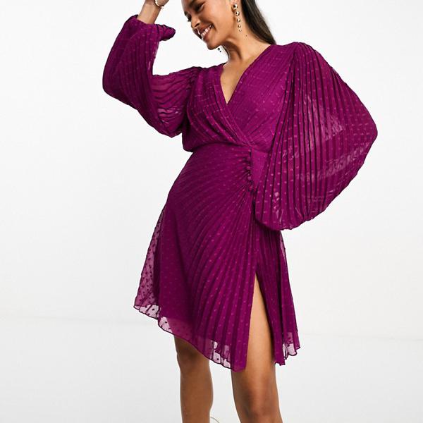 エイソス ASOS asos ASOS DESIGN プリーツ ドビー シフォン ラップ ボタン ディテール ミニ ドレス ダーク パープル ワンピース レディース 女性 インポートブランド 小さいサイズから大きいサイズまでのサムネイル