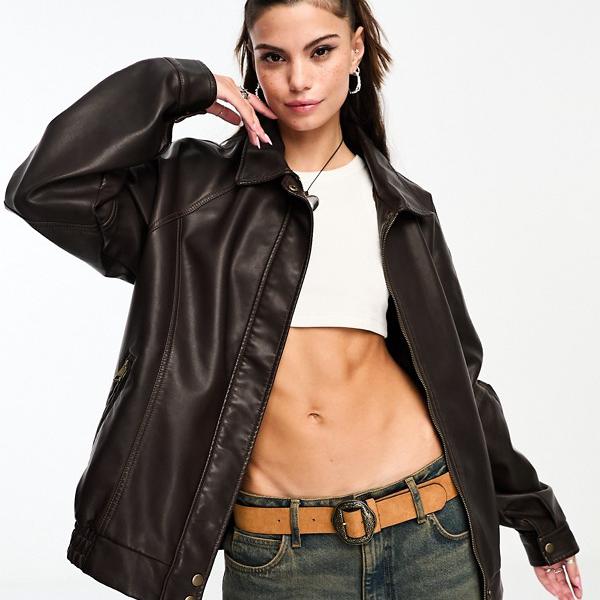 コットンオン Cotton:On Cotton On コットン:オン フェイクレザー ボンバー ジャケット、ブラウン アウター レディース 女性 インポートブランド 小さいサイズから大きいサイズまでのサムネイル