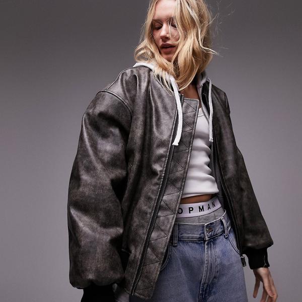 トップショップ Topshop TOPSHOP トップショップ フェイクレザー ボンバー ジャケット、ウォッシュブラウン アウター レディース 女性 インポートブランド 小さいサイズから大きいサイズまでのサムネイル