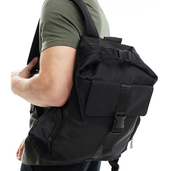 エイソス ASOS asos ASOS DESIGN バックパック バッグ フロント ポケットと留め具付き ブラック バック 鞄 メンズ 男性 インポートブランド