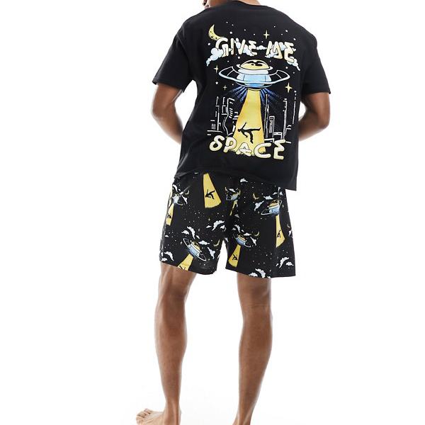 エイソス ASOS asos ASOS DESIGN パジャマセット Give Me Space スローガン付き ブラック 部屋着 メンズ 男性 インポートブランド 小さいサイズから大きいサイズまで