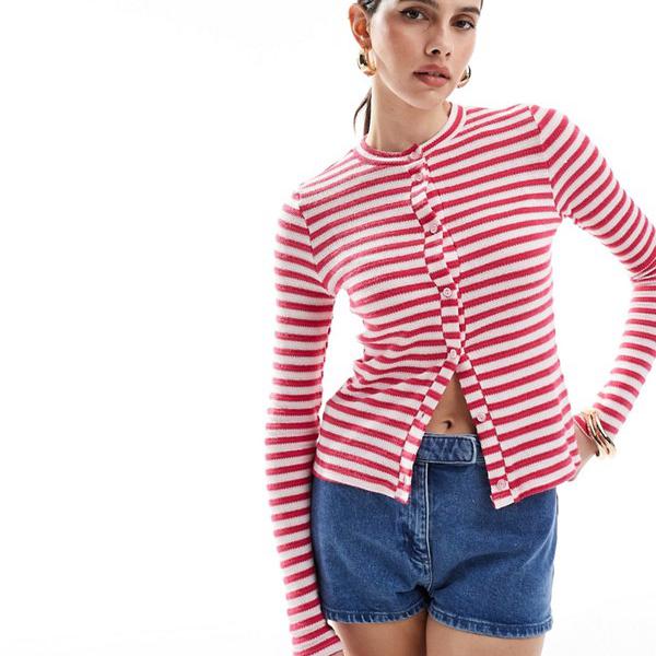 エイソス ASOS asos ASOS DESIGN ジャージーテクスチャードマイクロカーディガン（ピンクストライプ） トップス レディース 女性 インポートブランド 小さいサイズから大きいサイズまで