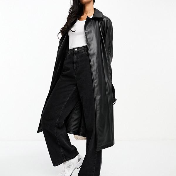 ストラディヴァリウス Stradivarius Stradivarius フェイクレザー トレンチ コート、ブラック アウター レディース 女性 インポートブランド 小さいサイズから大きいサイズまでのサムネイル