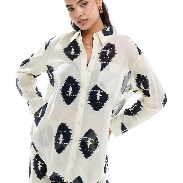 マンゴ MANGO Mango マンゴー オーバーサイズ アステカ プリント コーデ シャツ ベージュ トップス レディース 女性 インポートブランド 小さいサイズから大きいサイズまで