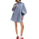 エイソス ASOS asos ASOS DESIGN ボーイフレンド シャツ ミニドレス、ブルー ピンストライプ ブルゾン スリーブ付き ワンピース レディース 女性 インポートブランド 小さいサイズから大きいサイズまで(4)