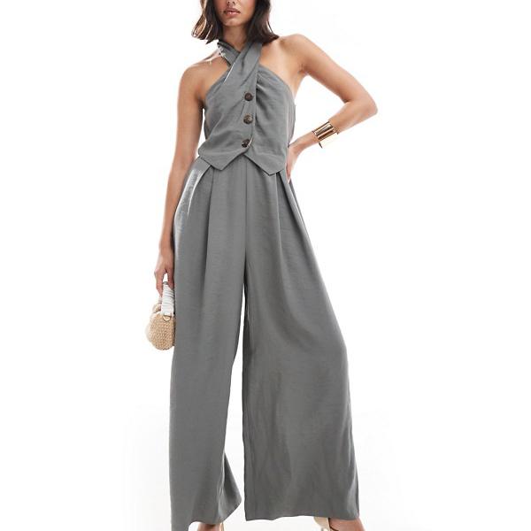 エイソス ASOS asos ASOS DESIGN ツイストネック ボタンスルー ジャンプスーツ カーキ オールインワン レディース 女性 インポートブランド 小さいサイズから大きいサイズまで