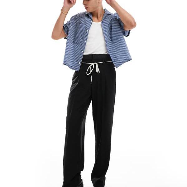 エイソス ASOS asos ASOS DESIGN スマートなワイドレッグパンツ、ダブルウエストバンドディテール、チャコール パンツ ボトム メンズ 男性 インポートブランド 小さいサイズから大きいサイズまで