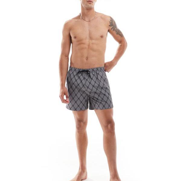 HUGO Swimwear チェーンモノグラムプリントのグレーのソーンスイムショーツ 水着 メンズ 男性 インポートブランド 小さいサイズから大きいサイズまで